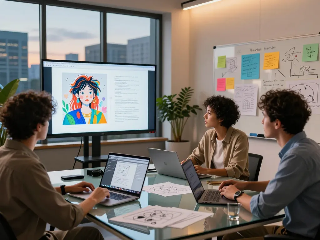Group brainstorming session demonstrating crush on ai concepts with digital art and collaboration.