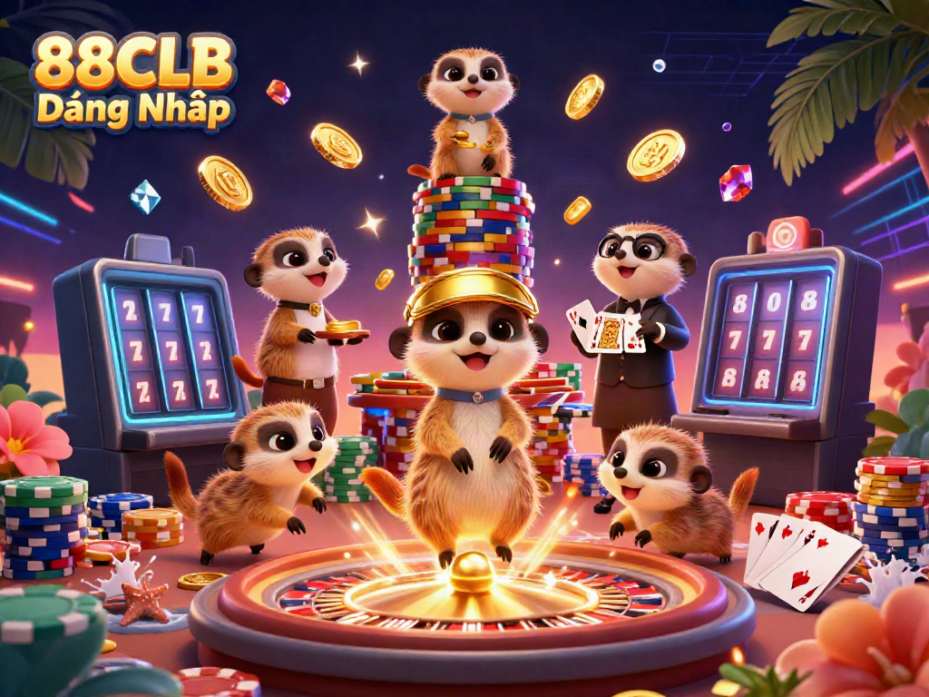 Engage with 88CLB Đăng Nhập through a vibrant 3D scene of meerkats leading a casino operation.