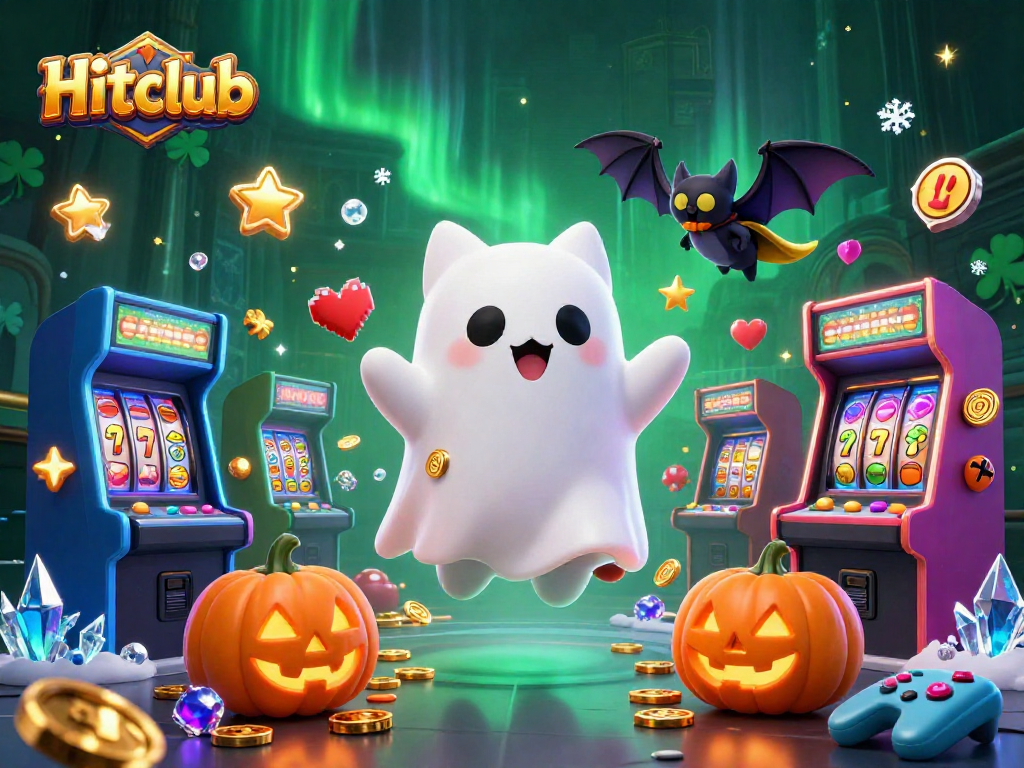 Engage with Hitclub's haunted casino adventure featuring a floating ghost cat and glowing slot machines.