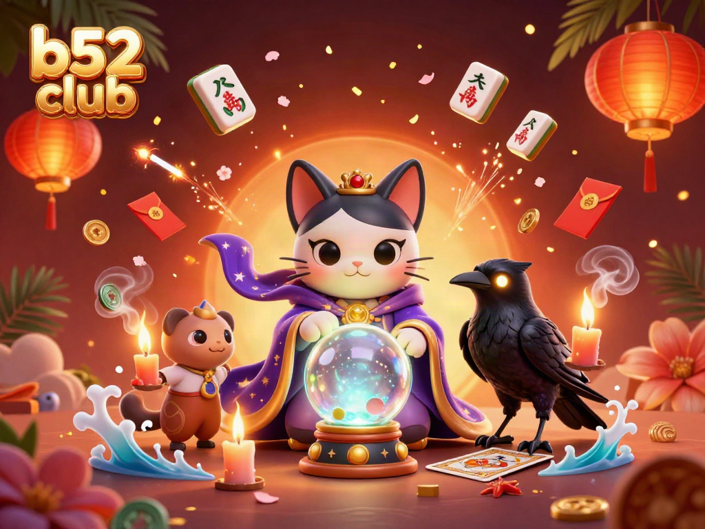 B52 Club gaming experience with a fortune teller cat and a raven in a vibrant casino scene