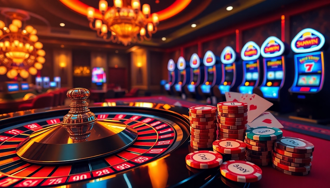 Experience the excitement of sunwin poker with vibrant chips and a luxurious casino atmosphere.