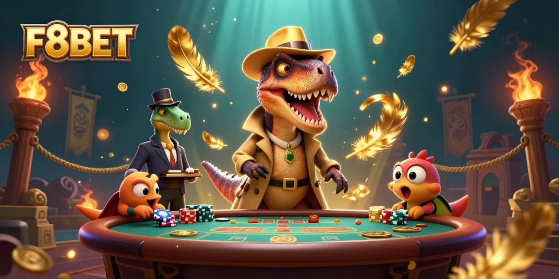 Experience the thrill of F8BET with a velociraptor at the blackjack table in this dynamic casino scene.