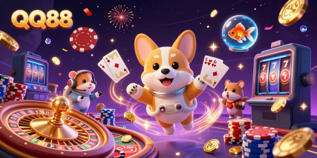 Experience the excitement of QQ88 with a dynamic casino atmosphere featuring an astronaut corgi in zero gravity.