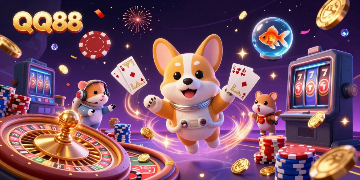 Experience the excitement of QQ88 with a dynamic casino atmosphere featuring an astronaut corgi in zero gravity.