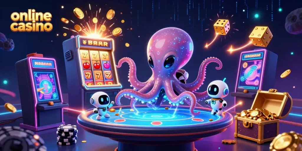 Engage with the thrilling world of online casino gameplay featuring an alien octopus at a holographic poker table.