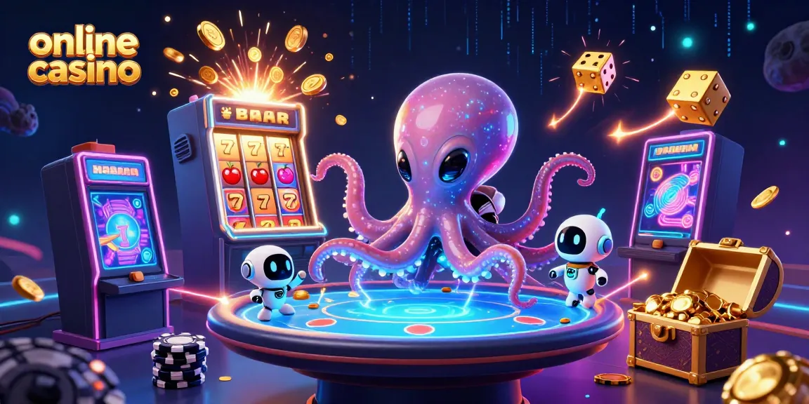 Engage with the thrilling world of online casino gameplay featuring an alien octopus at a holographic poker table.