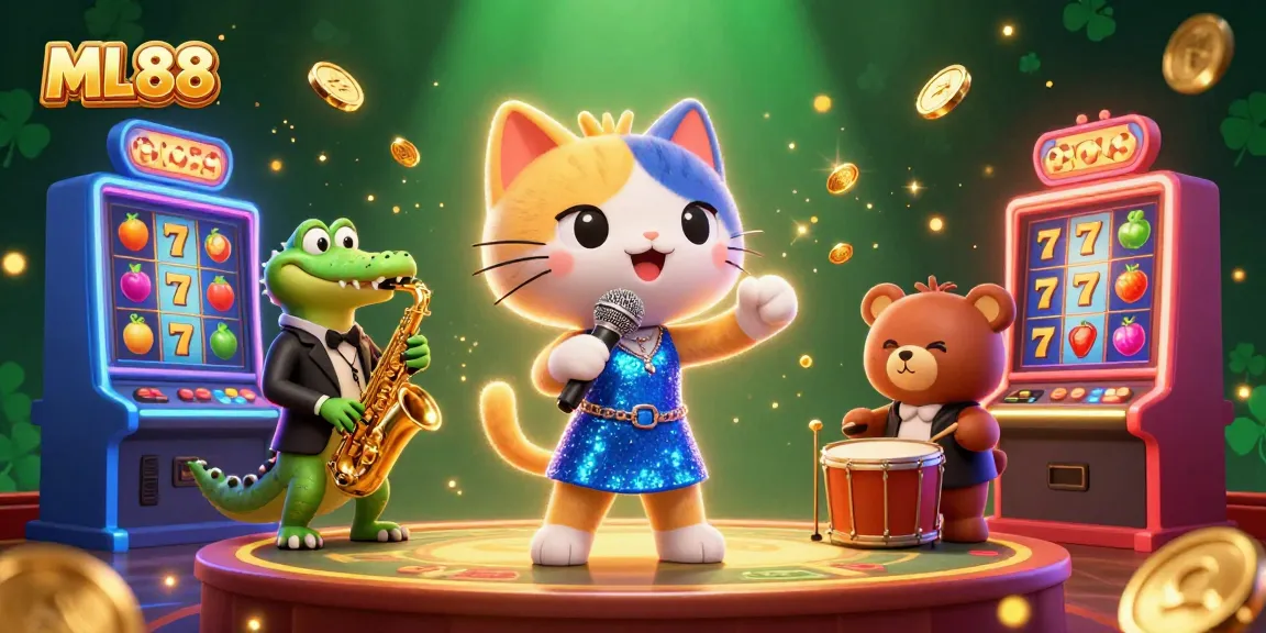 Experience the thrill with ML88 in this casino-themed vibrant 3D scene featuring a singing cat, saxophonist crocodile, and drum bear amidst slot machines.