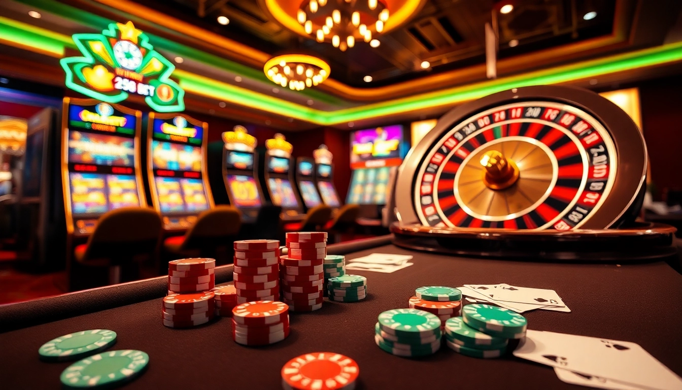 Exciting gaming action at 258bet casino featuring vibrant slot machines and colorful poker chips.