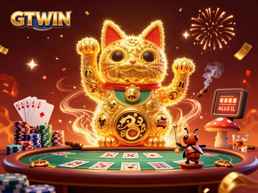 Experience GTWIN with a dynamic scene of a lucky cat and casino symbols amid vibrant gambling elements.