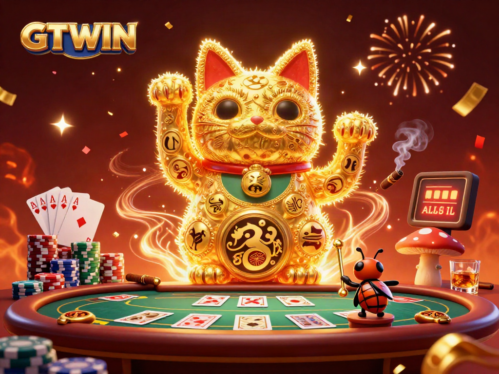 Experience GTWIN with a dynamic scene of a lucky cat and casino symbols amid vibrant gambling elements.