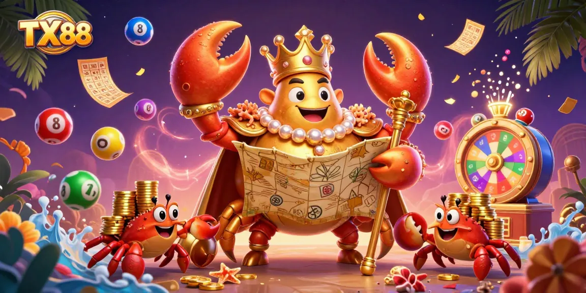 Engage in thrilling lottery action with TX88's vibrant casino illustration featuring a golden crab emperor.