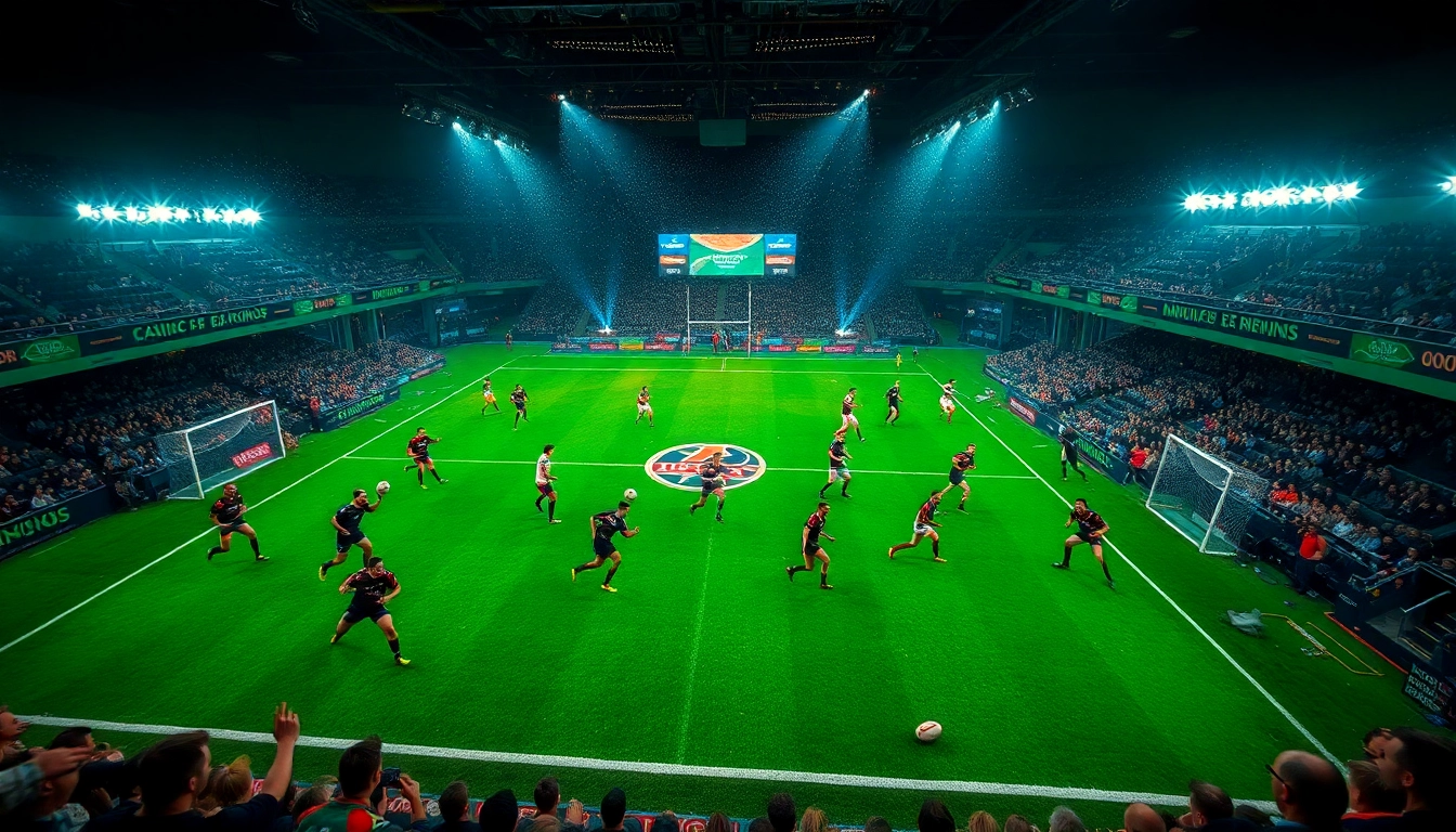 Pari sportif rugby animé dans un casino vibrant avec des joueurs et des lumières éclatantes.