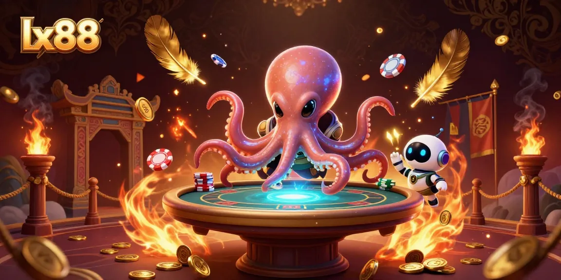 lx88 alien octopus playing poker at a holographic table surrounded by golden game elements.