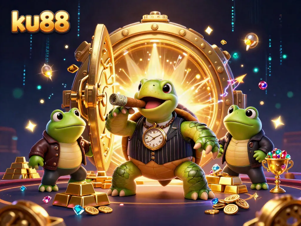 Experience the thrill of ku88 with a massive turtle mobster and bullfrog enforcers in a lavish casino scene.