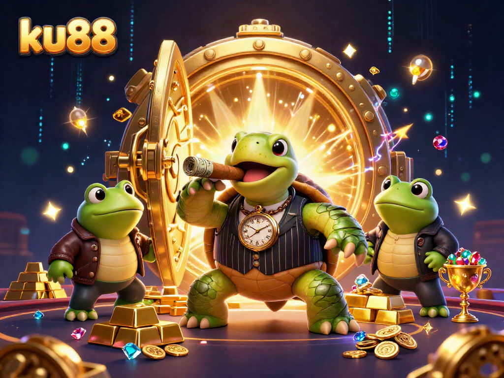 Experience the thrill of ku88 with a massive turtle mobster and bullfrog enforcers in a lavish casino scene.