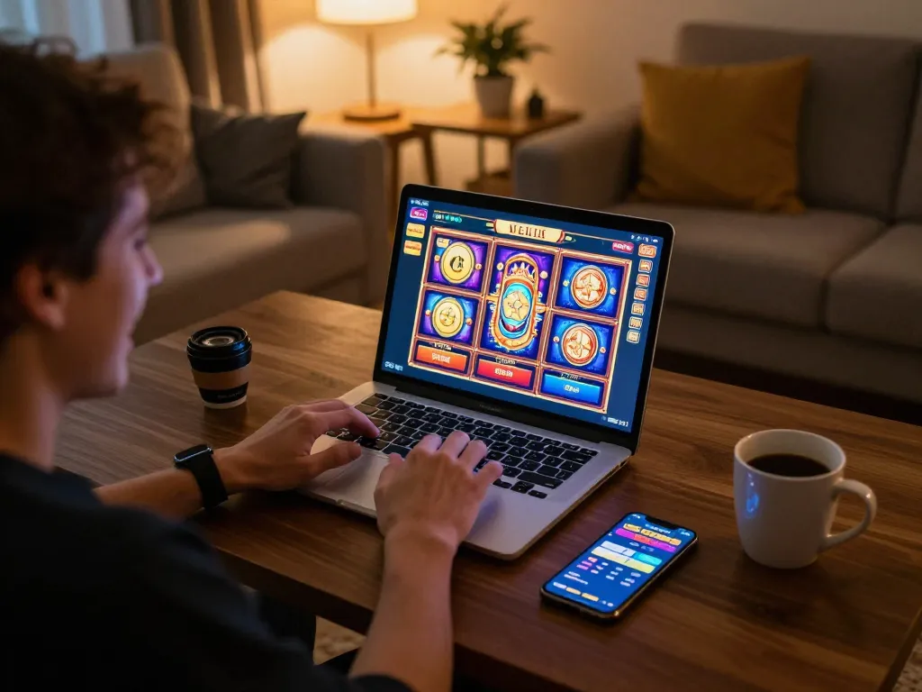 Pessoa jogando máquinas caça-níqueis online no laptop HH55 em um ambiente acolhedor em casa