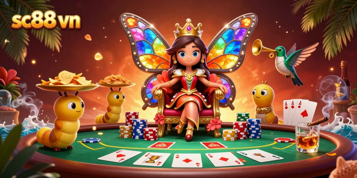 Experience thrilling games at sc88 vn with vibrant casino elements and a whimsical butterfly queen.