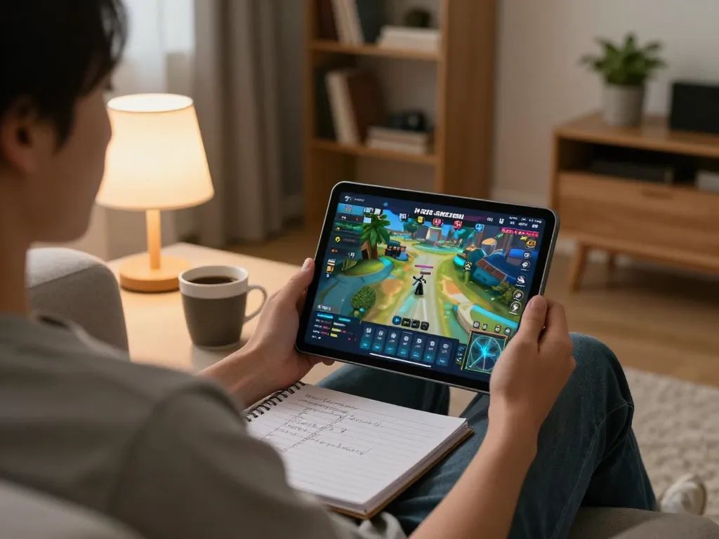 Engaging in game đổi thưởng on tablet in a cozy home setting with strategic notes and warm lighting.