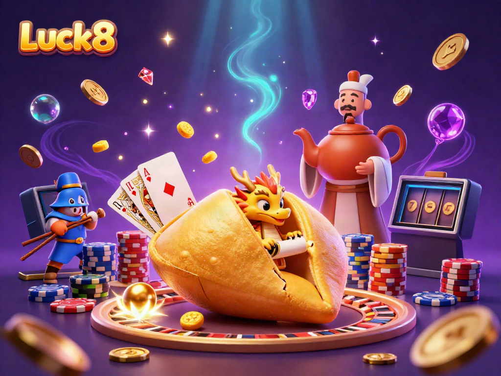 Engage with Luck8's vibrant casino world featuring a golden fortune cookie scene surrounded by dynamic gaming elements.