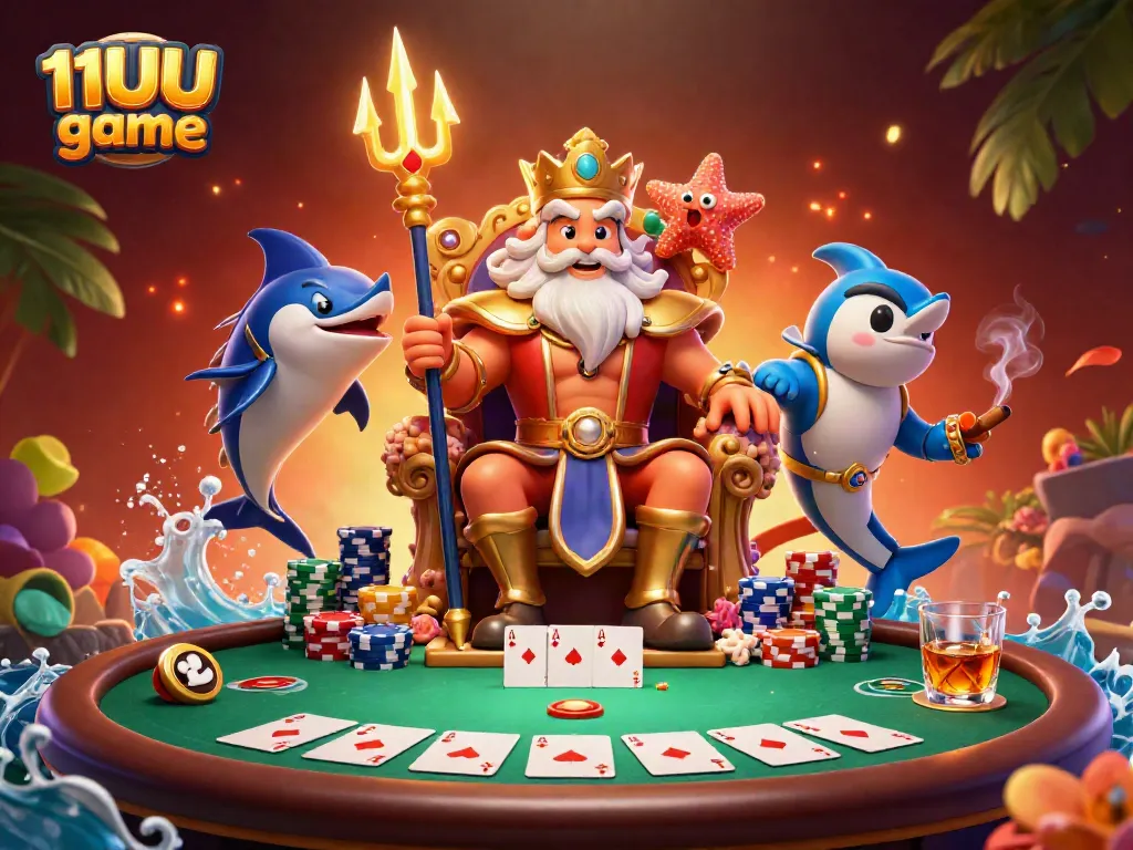 Experience the excitement of 11UU game with cartoon Neptune and poker elements in a vibrant casino scene.