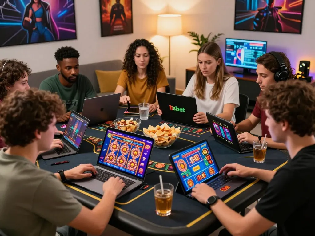 Friends enjoying online gaming on 12bet with laptops and snacks in a cozy living room.