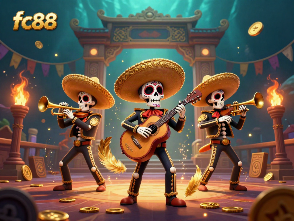 Engage in gaming excitement at fc88 with vibrant mariachi skeletons surrounded by gold coins.