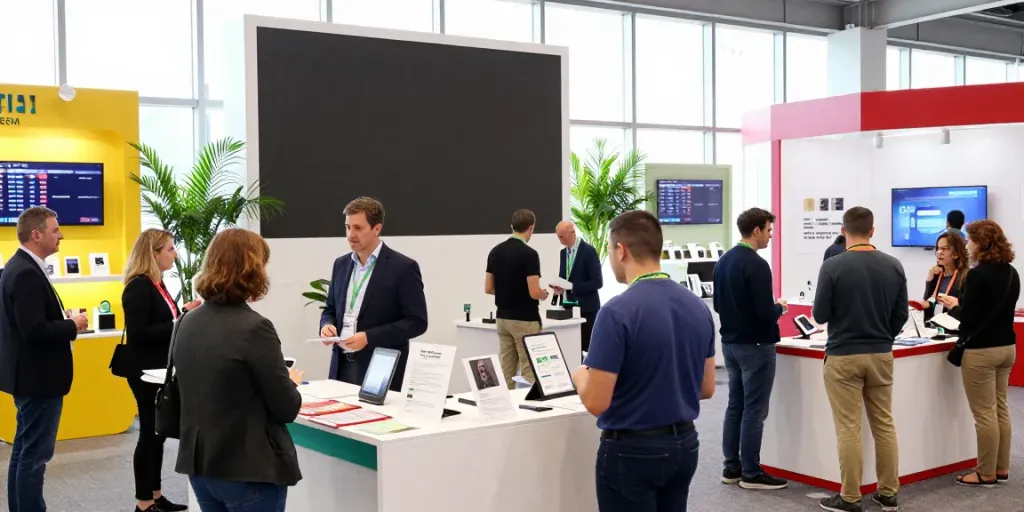 Expositores networking at a lively conference with engaging displays and attendees.