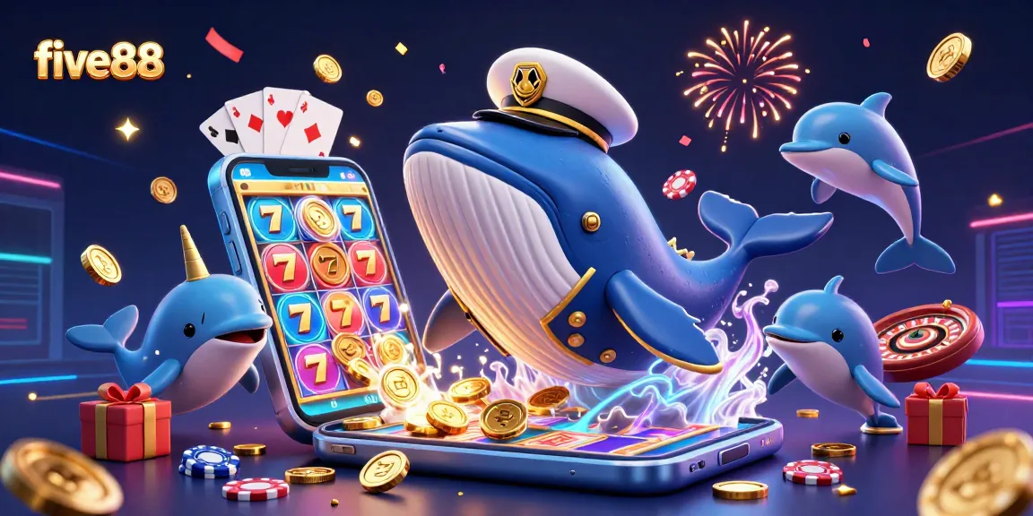 Experience the vibrant world of five88 with a whale captain, narwhal, and dolphins amidst casino games
