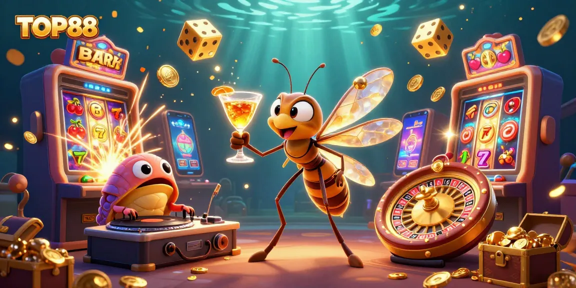 Experience TOP88's exhilarating gaming atmosphere with a dynamic casino mascot, golden jackpots, and lively casino action.