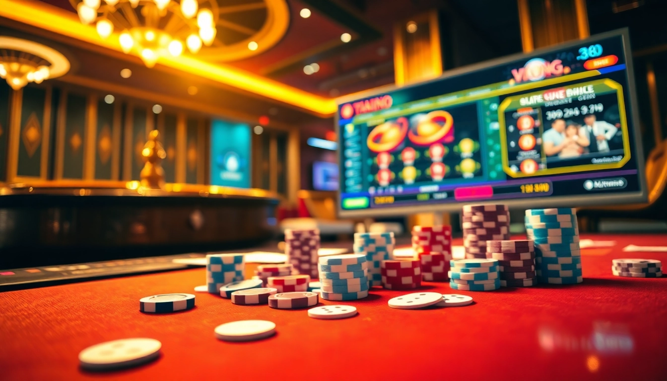 Engaged gamblers enjoying a vibrant atmosphere at vn 88 casino with poker chips and roulette.
