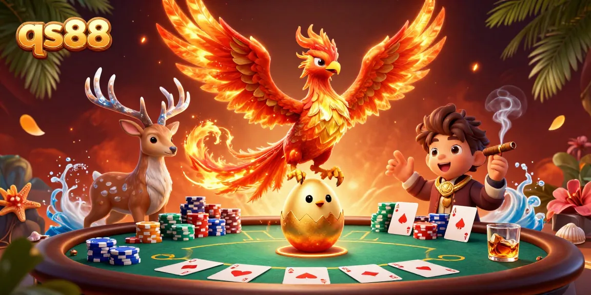 Experience thrilling gameplay at qs88 with a vibrant scene of card games, phoenix characters, and dynamic casino elements.
