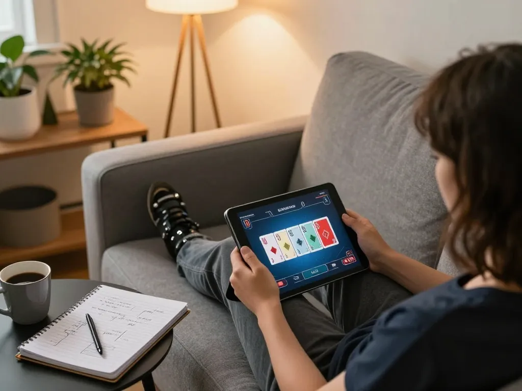 Engaging in poker strategy on lc88 using a tablet at home, with cozy decor and gaming notes nearby.