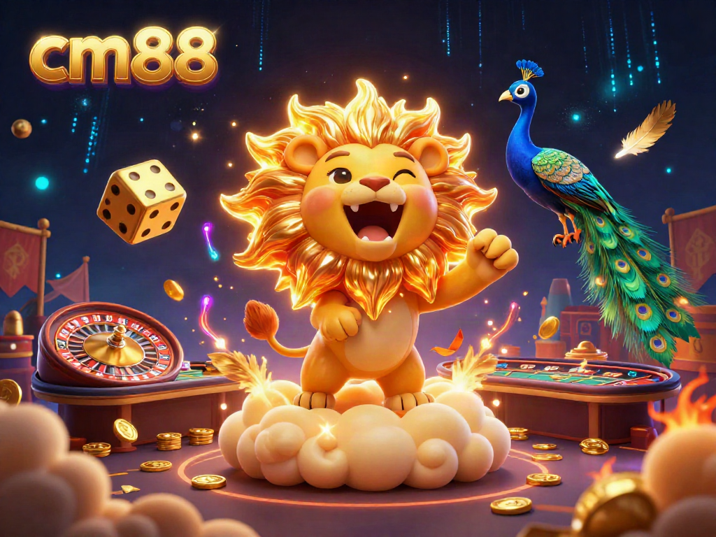 Experience thrilling moments at cm88 with a cartoon sun lion, golden dice, and live casino elements.