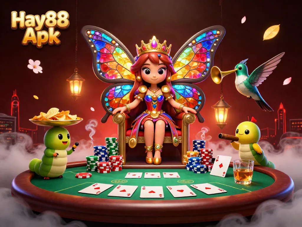 Engage in thrilling gameplay with Hay88 Apk, featuring a vibrant illustration of a butterfly queen and poker elements.