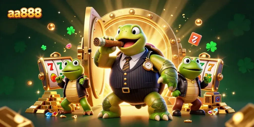 Experience thrilling slots at aa888 with a charismatic snapping turtle mobster and dynamic casino elements.
