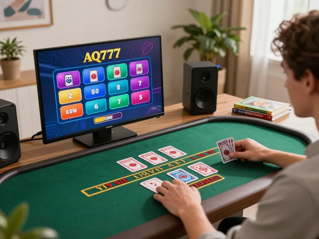 Um jogador vivenciando uma emocionante ação de blackjack no cassino online da AQ777 com apostas estratégicas.