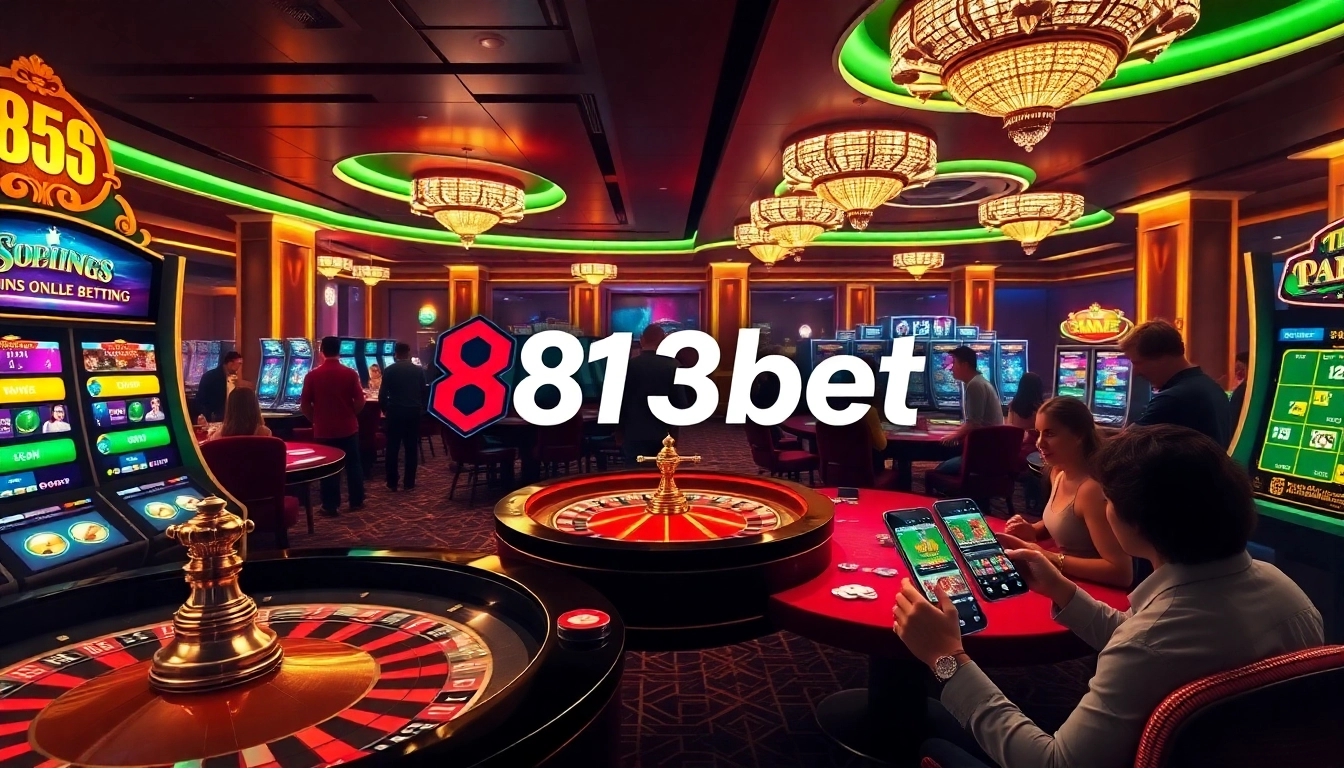 Cenário empolgante de jogos de azar online com o logo da 813bet, roletas vibrantes e ação de caça-níqueis.