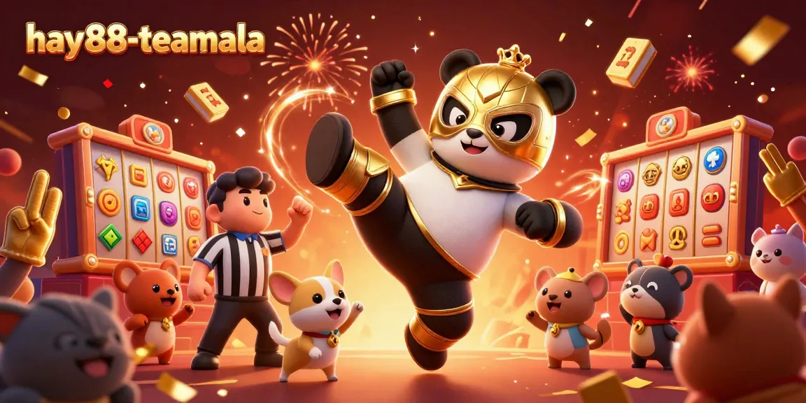 Exciting action featuring hay88-teamala with a panda wrestler kicking and animals celebrating casino wins.