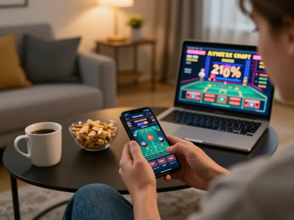 Engaged player strategizing with 688vbest in an online casino setup, showcasing a vibrant mobile app