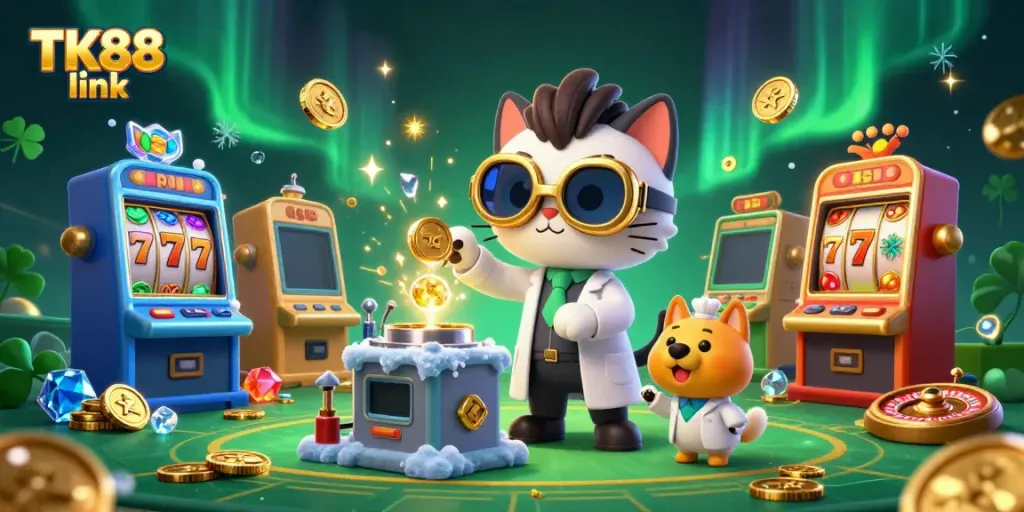 Spin the slots and win big at TK88 link with a lively scene of a mad scientist cat and dog in an exciting casino environment.