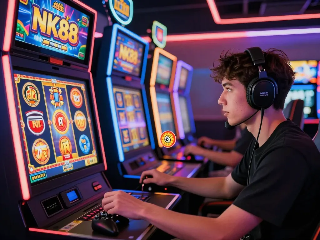 Engaged player at NK88 nổ hủ online casino, colorful slot machines glowing, dynamic gaming atmosphere.