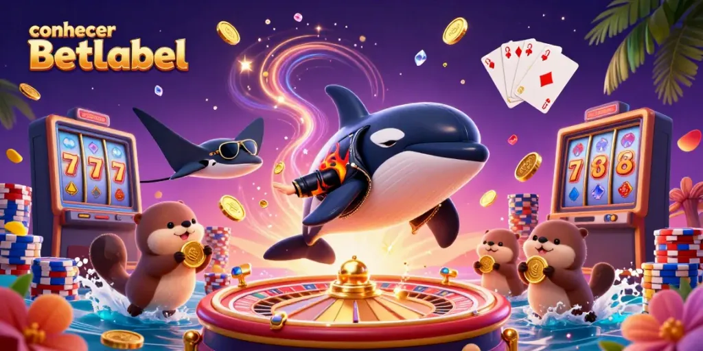 Uma ilustração 3D rica em detalhes desvendando o mundo da BetLabel, com uma orca e uma arraia no cenário.