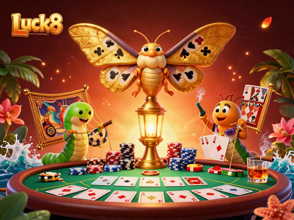 Experience the excitement of Luck8 with a vibrant scene filled with casino elements and a majestic moth.
