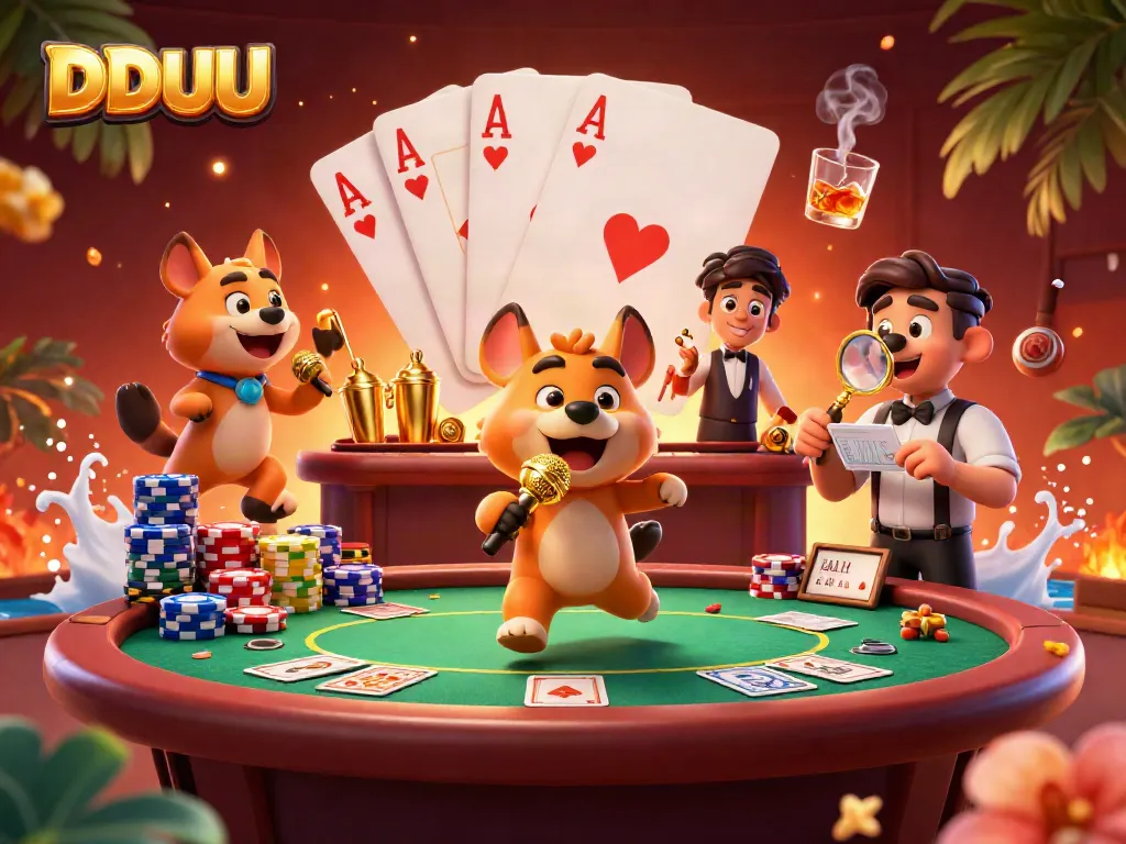 Experience the vibrant comedy casino scene with DDUU hyenas, poker chips, and lively interactions.