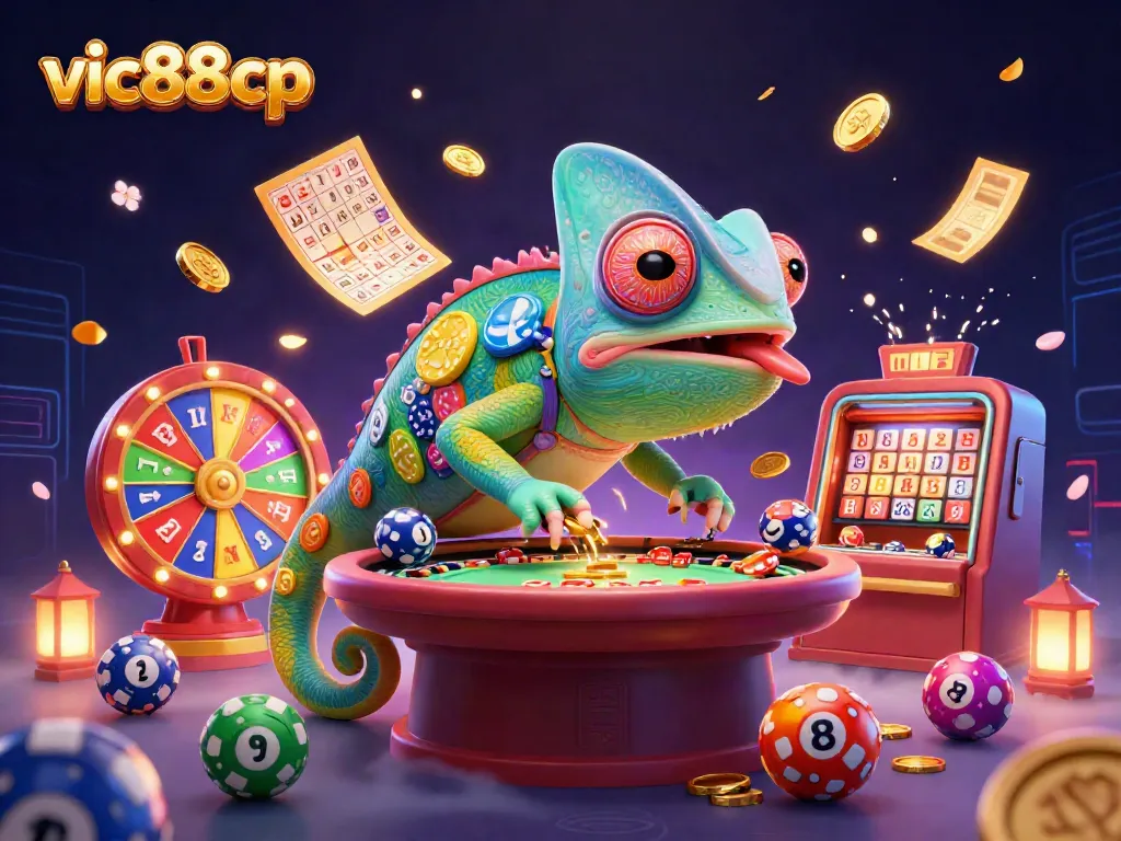 Experience the thrilling atmosphere of vic88cp with a vibrant 3D casino scene featuring a colorful chameleon and dynamic betting elements.
