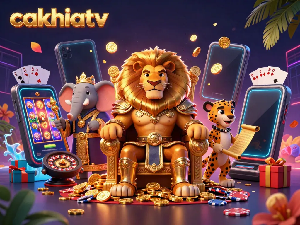 Cakhiatv brings excitement with a lion king, elephant advisor, and cheetah messenger in a vibrant casino scene.
