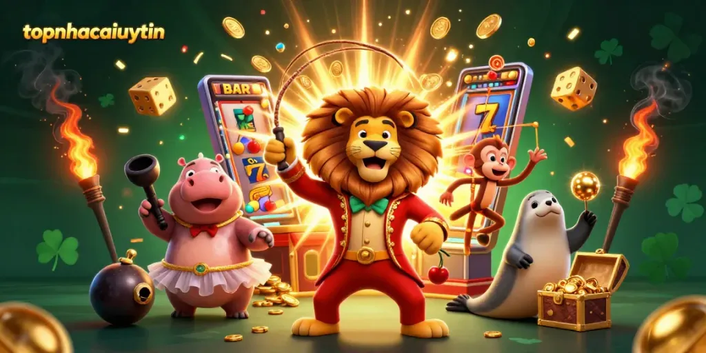 Topnhacaiuytin showcases thrilling jackpot action with vibrant circus characters amid dynamic slot machine chaos.