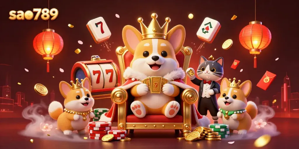 Experience the excitement of sao789 with a royal corgi on a throne of luck, surrounded by casino elements.