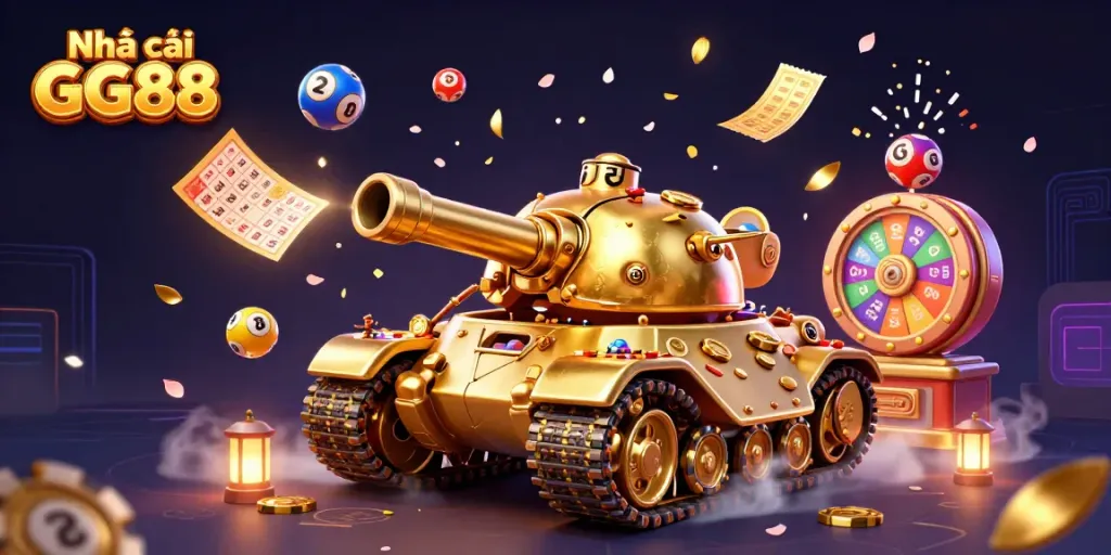 Engage with a vibrant scene of Nhà cái GG88, featuring a golden beetle tank and dynamic casino elements.