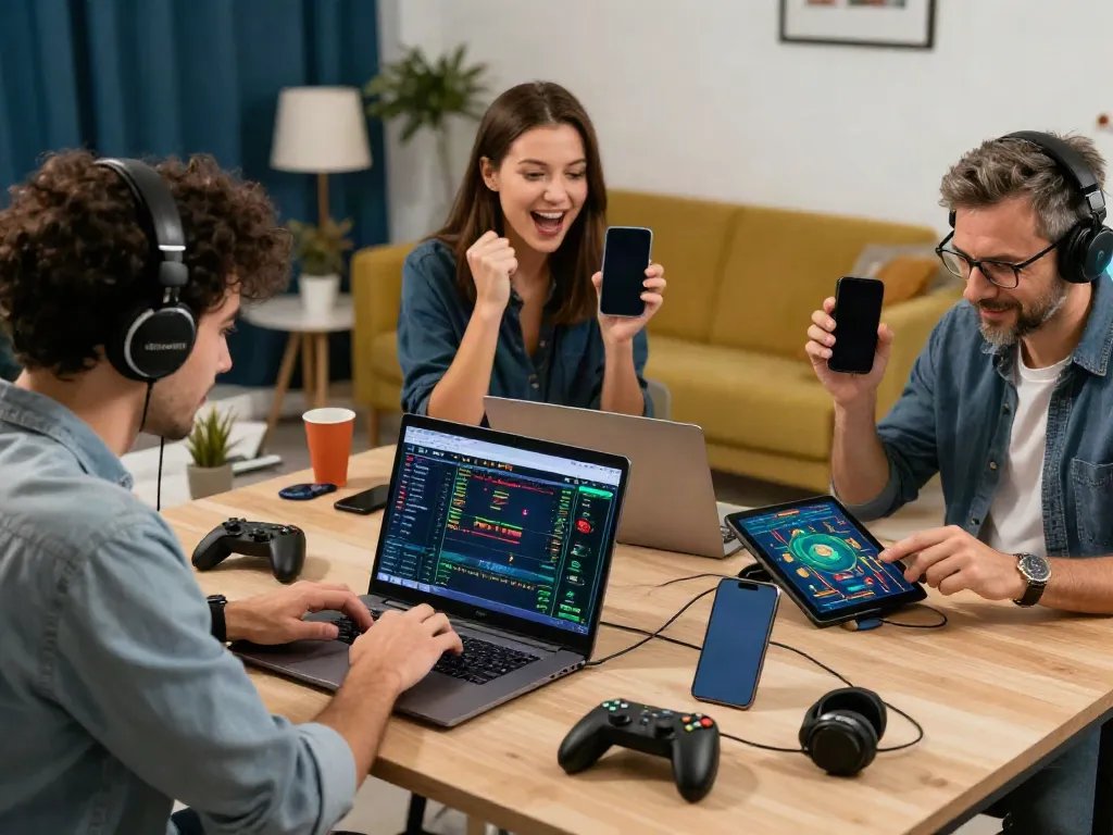 Engaged users enjoying online betting experiences at https://fc88v1.com/ in a vibrant home office setup.